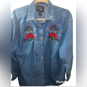 - Quizz again vintage denim Christmas bird button down top size large